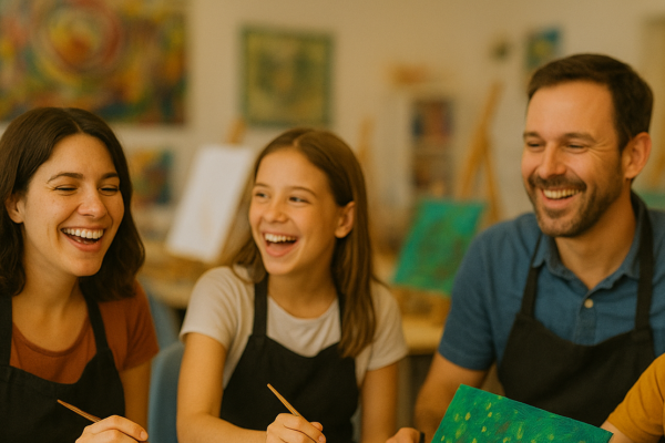 Familie beim kreativen Malen im Atelier Familie beim kreativen Malen im Atelier